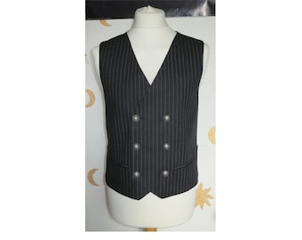 mens pinstripe double breasted vest Waistcoat linen with elegant damask skulls print back