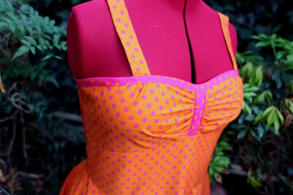 SALE 1950s dress orange and cerise polka dot rockabily dress with full circle skirt