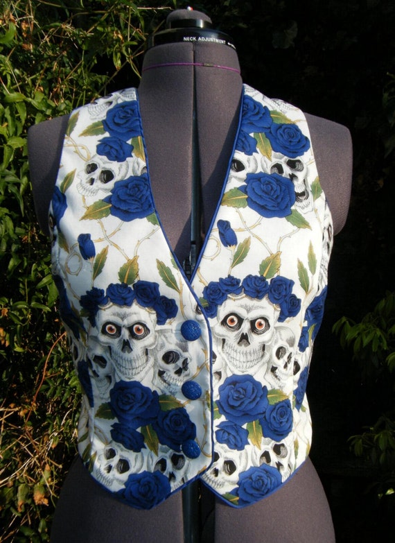 Halloween Vest Skulls and Blue Roses Ladies Vest Skull Waistcoat