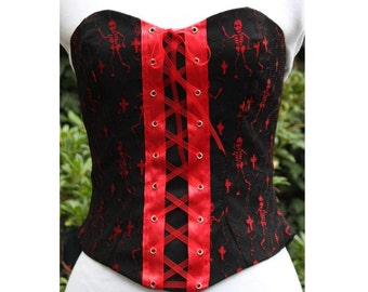 SALE halloween corset goth witch bridal corset Skeleton lace boned bodice with red lacing.