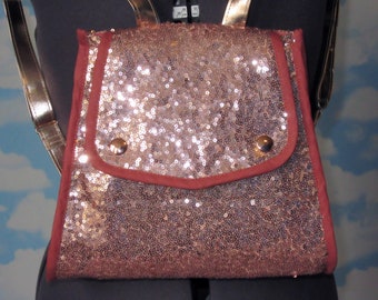 rose gold sequin backpack adjustable faux leather straps inside pocket UK seller