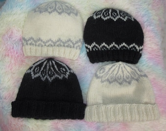 pure wool handknit hat icelandic snowflake pattern black or cream  small, med or large. UK seller