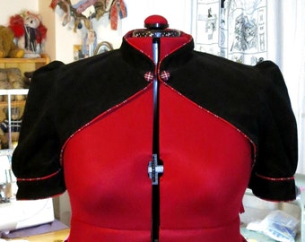 fitted shrug black needlecord  with red tartan piping and lining plus size  - UK seller