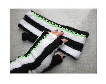 Guantes largos sin dedos Beetlejuice, calentadores de muñeca tejidos a mano, vendedor en el Reino Unido.