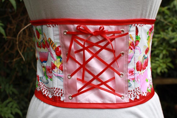 SALE Ice Cream Underbust Corset Waspie. Strawberry Sundae Print With Red  Lacing. One of a Kind Lolita 