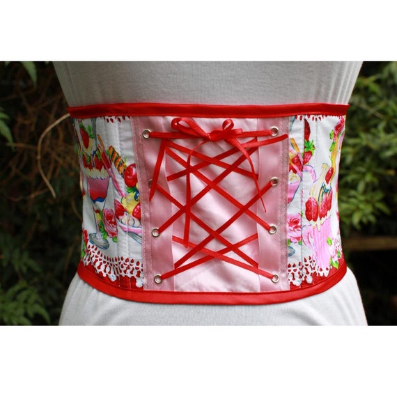 SALE Ice Cream Underbust Corset Waspie. Strawberry Sundae Print