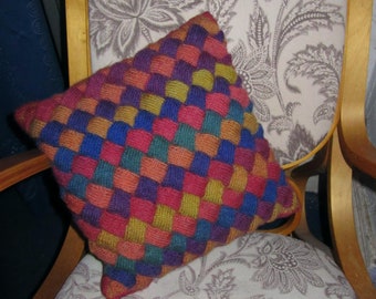 rainbow handknit entrelac cushion 14 inch square with removeable pad