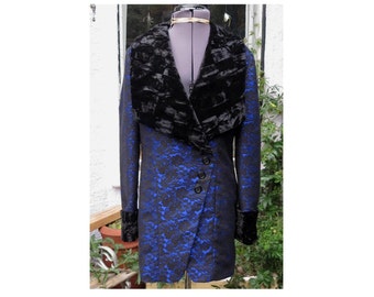 SALE edwardian frock coat blue and black lace jacquard  crushed velvet collar.  UK seller