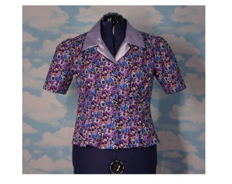 pansies 1940s blouse vintage style pleated shirt 40s peplum blouse plus size