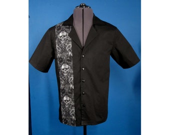 black bowling shirt with skull stripe alternative goth shirt no pocket UK seller