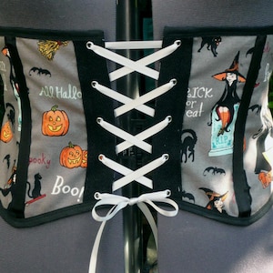 halloween underbust corset unique waspie Waist cincher. witch print with silver lacing UK seller