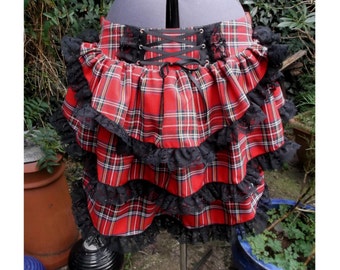 red tartan bustle skirt with black lace.  back corset style lacing any size any tartan plaid skirt