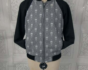 skull bomber jacket with contrast black raglan sleeves.  fully lined in black satin. or custom made