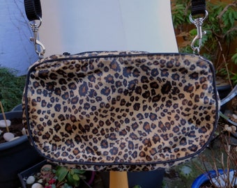 fuzzy leopard print velboa handbag clutch purse with black piping and detachable strap  UK seller