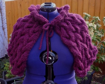 cable knit capelet hand knitted shawl superchunky yarn shade redcurrant UK seller