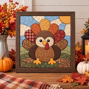 Thanksgiving Turkey 8" Kinusaiga Craft Kit | 8x8x1" Foam Board, No-Sew Fabric Art | Beginner