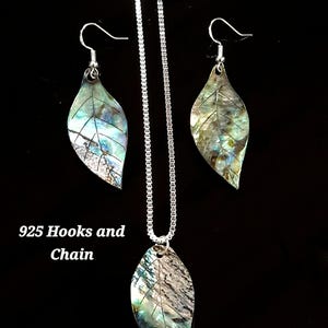 May include: A jewelry set featuring a leaf pendant necklace and matching earrings. The leaf-shaped pieces have a silver-tone finish with iridescent, multi-colored accents. The text "925 Hooks and Chain" is visible.