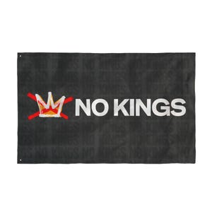 May include: A rectangular black flag with the words "NO KINGS" in white block letters. A crown with a red slash through it is on the left. The background has a faded "NO KINGS" pattern.