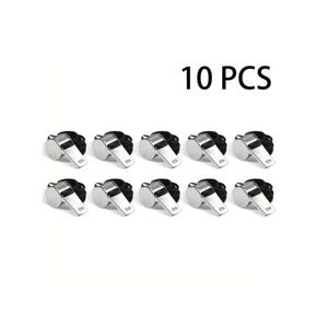 May include: Ten silver whistles with black cords are arranged on a white background. The whistles are made of shiny metal and have a classic design. The text "10 PCS" is displayed in black.