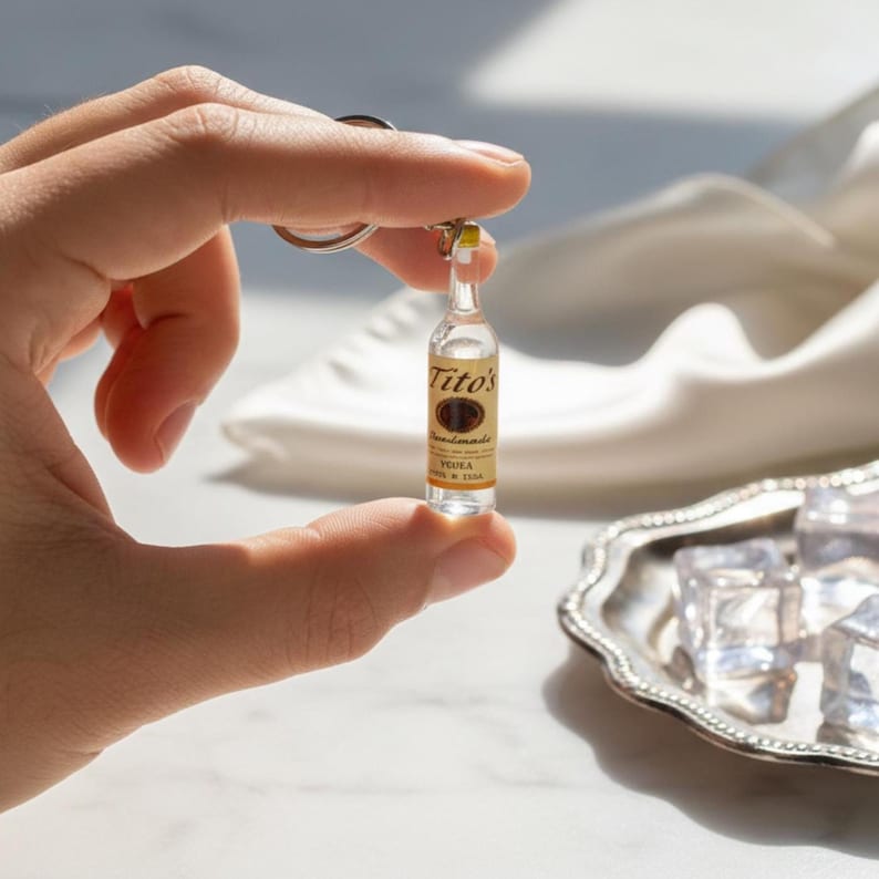 Bartender Gift Idea Miniature Vodka Bottle Keychain Titos Replica Resin Charm Detailed Label Design Metal Keyring Attachment Spirits Bottle Collectible Small Scale Model Realistic Look Novelty Present Cocktail Lover Gift Unique Accessory