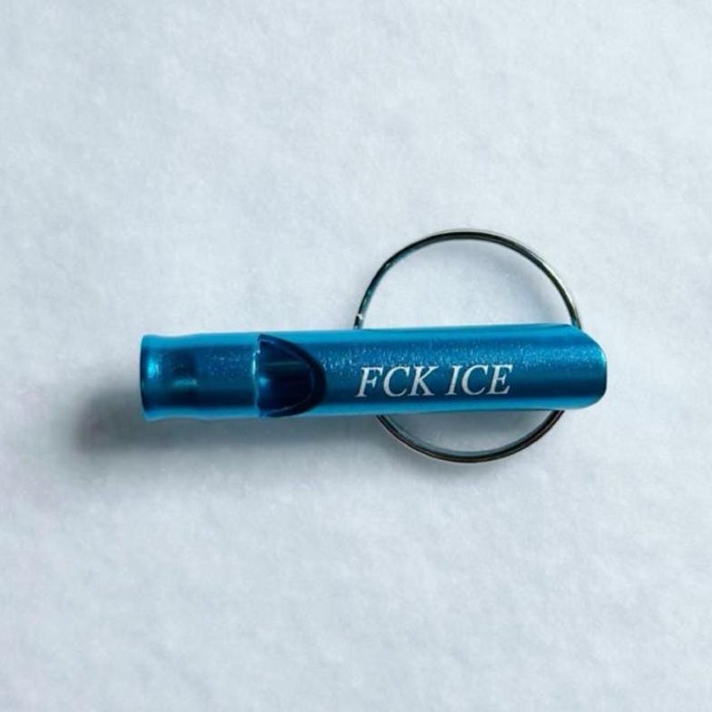 Everyday Carry Whistle Keychain Aluminum Construction Political Statement Tool Protest Accessory Compact Design Multiple Colors Available Emergency Signal Device Safety Equipment Collection Metal Ring Attachment Functional Alert System Blue Color