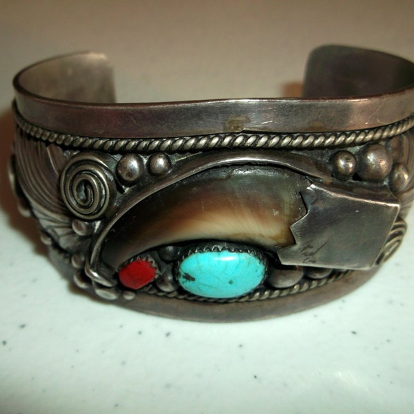 Real Bear Claw Cuff, Sterling Silver, Turquoise & Coral, Awesome Navajo Indian Bracelet