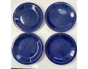 Vintage set med 4 blåröda keramiska tallrikar rustik västerländsk matsal