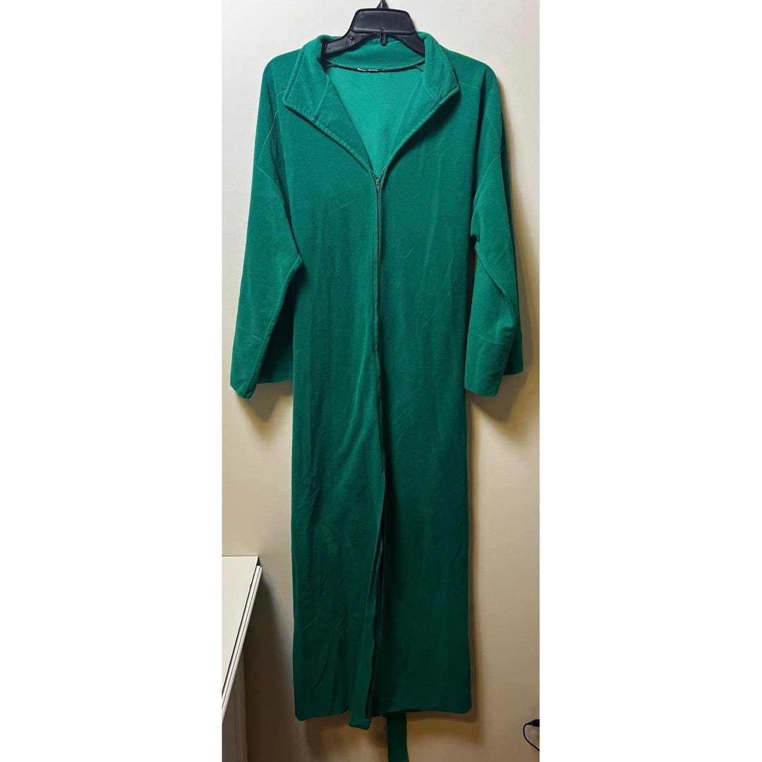 VTG Emerald Green Zip Front Maxi Robe Belted Long Sleeve Nap Loungewear ...