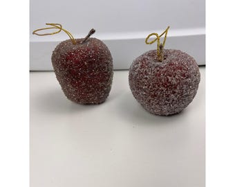 Set of 2 Beaded Sugared Red Apples Fruit Christmas Holiday Ornaments Decor