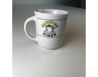 Oneida Mug Cup SUNRISE DINER Coffee Tea Vtg 3.75" bright colors vibrant text