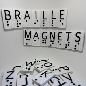 May include: White rectangular Braille magnets with black lettering and raised dots. The word "BRAILLE" is spelled out above "MAGNETS". Individual letter magnets are scattered below, including letters Z, J, K, P, V, W, and O.