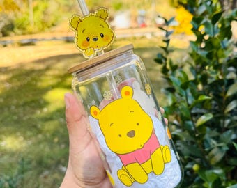 Winnie the Pooh Glass Cup with topper, 16oz Iced Coffee Can Glass Straw/Lid/Topper