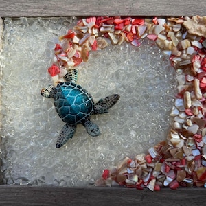 Sea Turtle Resin Art Frame: Crushed Glass, Mother of Pearl Ocean Wave (8x10 Wood)
