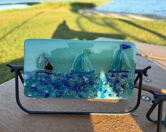 Coastal Sailboat Glass Art Sculpture | Sea Glass Vitrograph Resin Nautical Decor