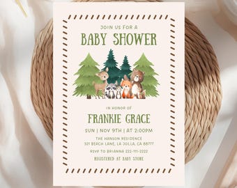 Woodland Baby Shower Invitation Template, Editable Forest Animals Invite, Digital Download Green and Brown Gender Neutral Baby Shower