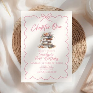 Chapter One Birthday Invitation Template: Editable Pink 1st Birthday Invite, Wavy Hand Drawn Bow Border, Digital Download (5x7")
