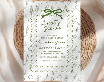 Locally Grown Baby Shower Invitation: Farmers Market Theme Invite, Gender Neutral Baby Shower,  Editable Template, Digital Download (5x7)"