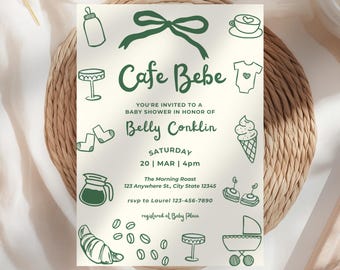 Inbjudan till babyshower i Café Bebe: Redigerbar grön babyshowermall, handritad inbjudan med kaffetema, digital direktnedladdning (5x7")