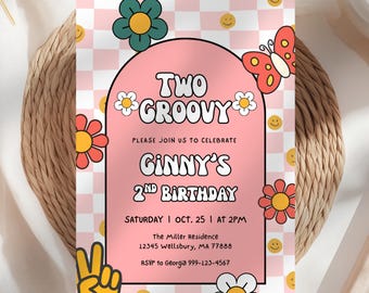 Two Groovy Birthday Invitation Template: Editable Retro Hippie 2nd Birthday Party Invite, Pink 2nd Birthday Instant Digital Download (5x7")
