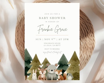 Woodland Baby Shower Invitation Template: Editable Rustic Forest Animals Baby Shower Invite, Digital Template, Gender Neutral Shower