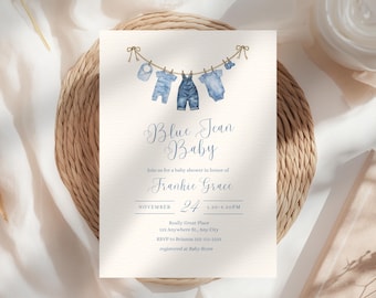 Blue Jean Baby Shower Invitation Template: Editable Denim Baby Shower Invite, Blue Baby Shower Instant Digital Download (5x7")