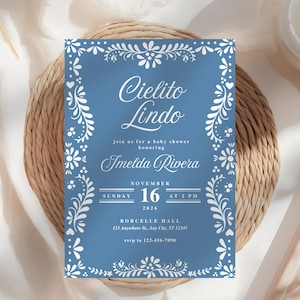 Cielito Lindo Babyparty Einladungsvorlage: Bearbeitbare Dusty Blue Talavera Babypartyeinladung, Spanisches Thema Babyparty Digitaler Download
