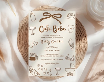 Cafe Bebe Baby Shower Invitation: Coffee Theme Baby Shower Invite, Modern Minimalist Baby Shower, Digital Download, Editable Canva Template