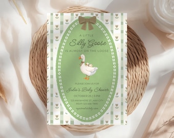 Silly Goose Invitation Template: Green Goose Baby Shower Invite, Silly Goose Is Almost On The Way, Gender Neutral Shower, Editable Canva