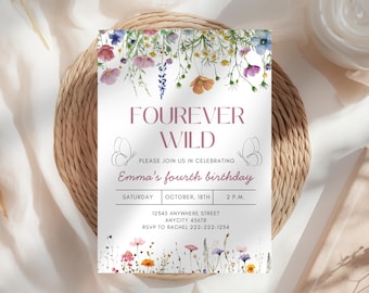 Sjabloon voor vier ooit wilde verjaardagsuitnodiging: bewerkbare Wildflower 4e verjaardagsuitnodiging, roze bloemen verjaardag instant digitale download (5 x 7")