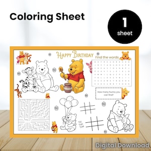 Puede incluir: Una hoja para colorear para niños con personajes de Winnie the Pooh y la frase "Happy Birthday". Incluye un laberinto, tres en raya y una búsqueda de palabras. La hoja tiene un borde naranja y dice "Digital Download".