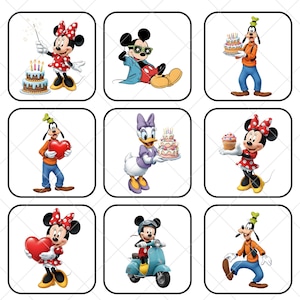 K&ouml;nnte beinhalten: Neun quadratische Bilder mit Disney-Figuren. Minnie Mouse in einem roten Polka-Dot-Kleid mit Geburtstagskuchen und Wunderkerze. Micky Maus mit Sonnenbrille. Goofy mit einem Kuchen. Goofy h&auml;lt ein Herz. Daisy Duck mit einem Kuchen. Minnie Mouse mit einem Cupcake. Minnie Mouse mit einem Herzen. Micky Maus auf einem Roller. Goofy tanzt.