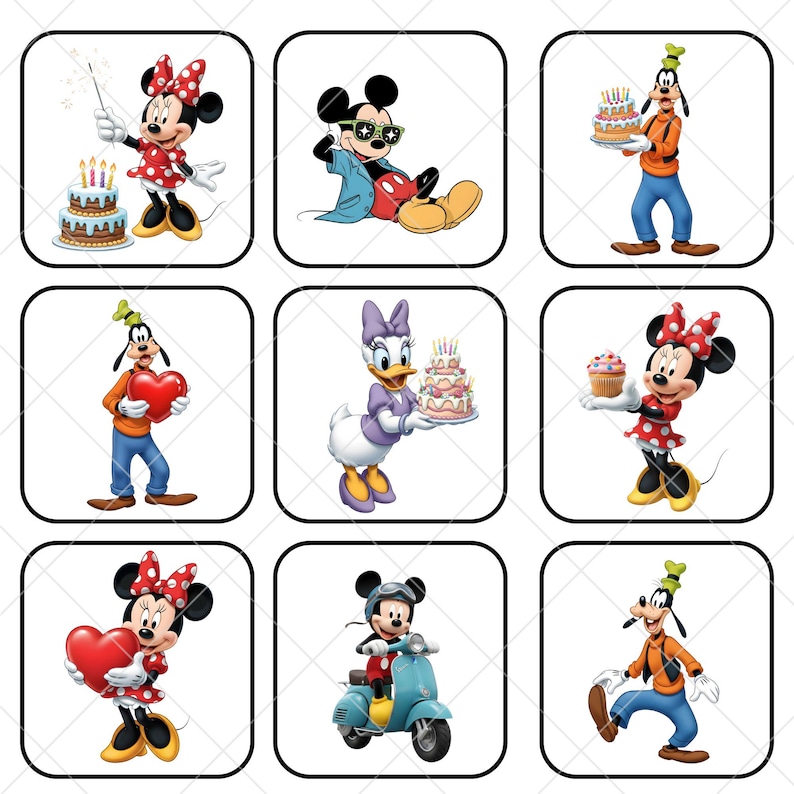 K&ouml;nnte beinhalten: Neun quadratische Bilder mit Disney-Figuren. Minnie Mouse in einem roten Polka-Dot-Kleid mit Geburtstagskuchen und Wunderkerze. Micky Maus mit Sonnenbrille. Goofy mit einem Kuchen. Goofy h&auml;lt ein Herz. Daisy Duck mit einem Kuchen. Minnie Mouse mit einem Cupcake. Minnie Mouse mit einem Herzen. Micky Maus auf einem Roller. Goofy tanzt.