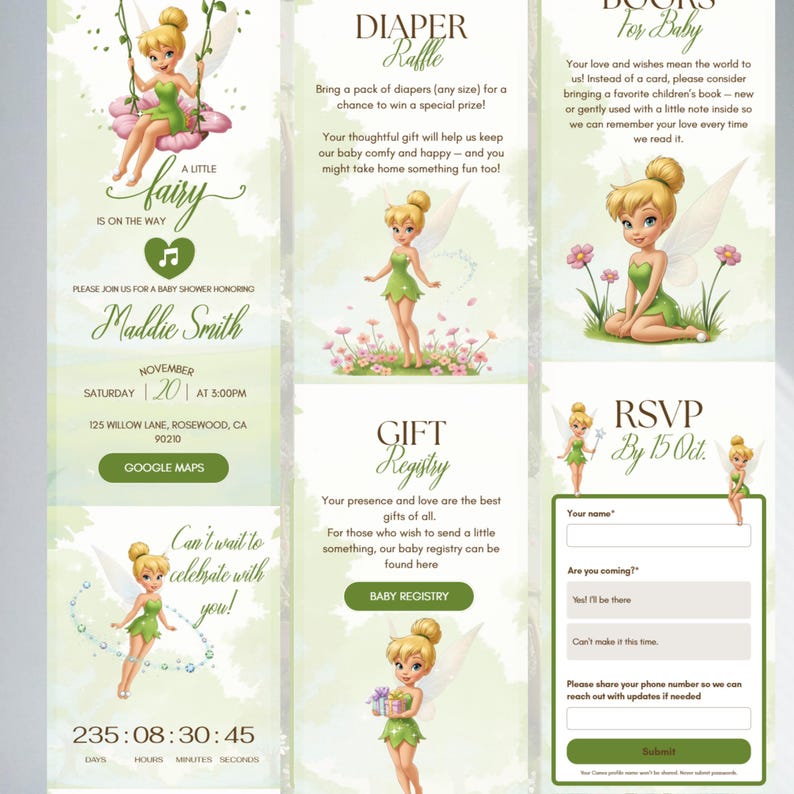 Party Invite Raffles Tinkerbell Baby Shower Invitation Website Template | Green Fairy Theme ...