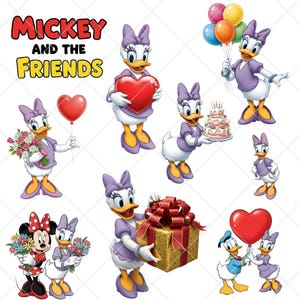 K&ouml;nnte beinhalten: Eine Sammlung von Cartoon-Bildern mit Daisy Duck in verschiedenen Posen. Daisy wird mit einem herzf&ouml;rmigen Ballon, Blumen, einer Geburtstagstorte und einem Geschenk dargestellt. Der Schriftzug "Mickey and the Friends" befindet sich oben.